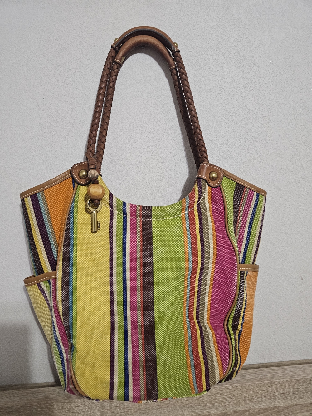 FOSSIL Colorful Striped Canvas Tote Bag with Brown Handles